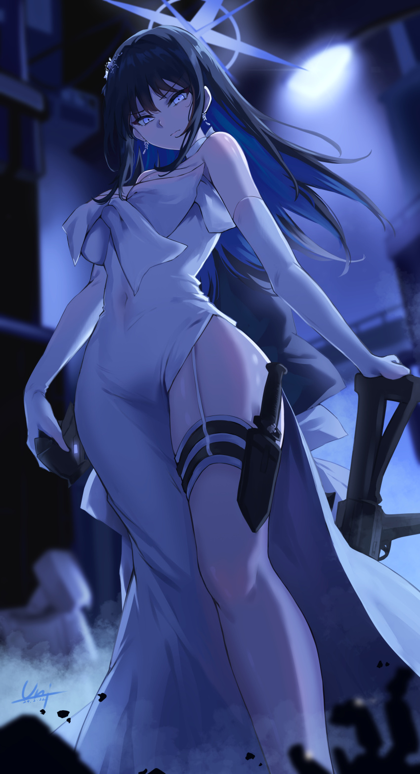 1girl absurdres bare_shoulders black_hair blue_archive blue_eyes breasts dress halo highres large_breasts long_hair looking_at_viewer saori_(blue_archive) saori_(dress)_(blue_archive) solo unique_(pixiv12704744) white_dress