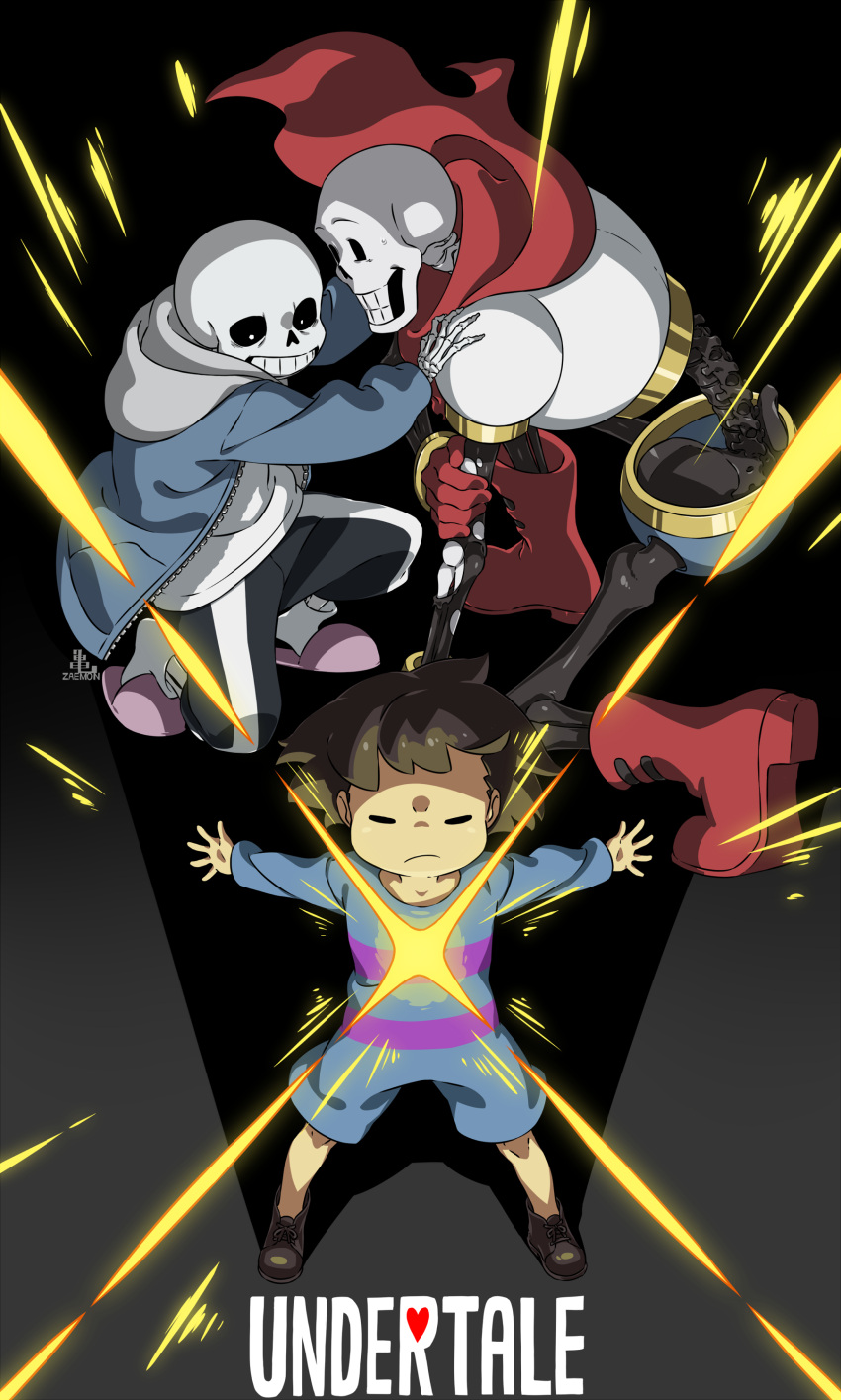1other 2boys =_= absurdres androgynous ankle_boots black_background black_shorts blue_jacket bone boots brothers brown_footwear brown_hair cape cel_shading child closed_eyes commentary copyright_name floating_cape frisk_(undertale) from_above full_body gloves glowing grey_background grin hand_on_another's_shoulder highres hood hood_down hooded_jacket jacket kamezaemon legs_apart male_focus multiple_boys on_one_knee open_clothes open_jacket outstretched_arms papyrus_(undertale) pink_footwear red_cape red_footwear red_gloves romper sans shoes short_hair shorts siblings simple_background skeleton slippers smile socks spread_arms standing sweatdrop two-tone_background undertale white_socks