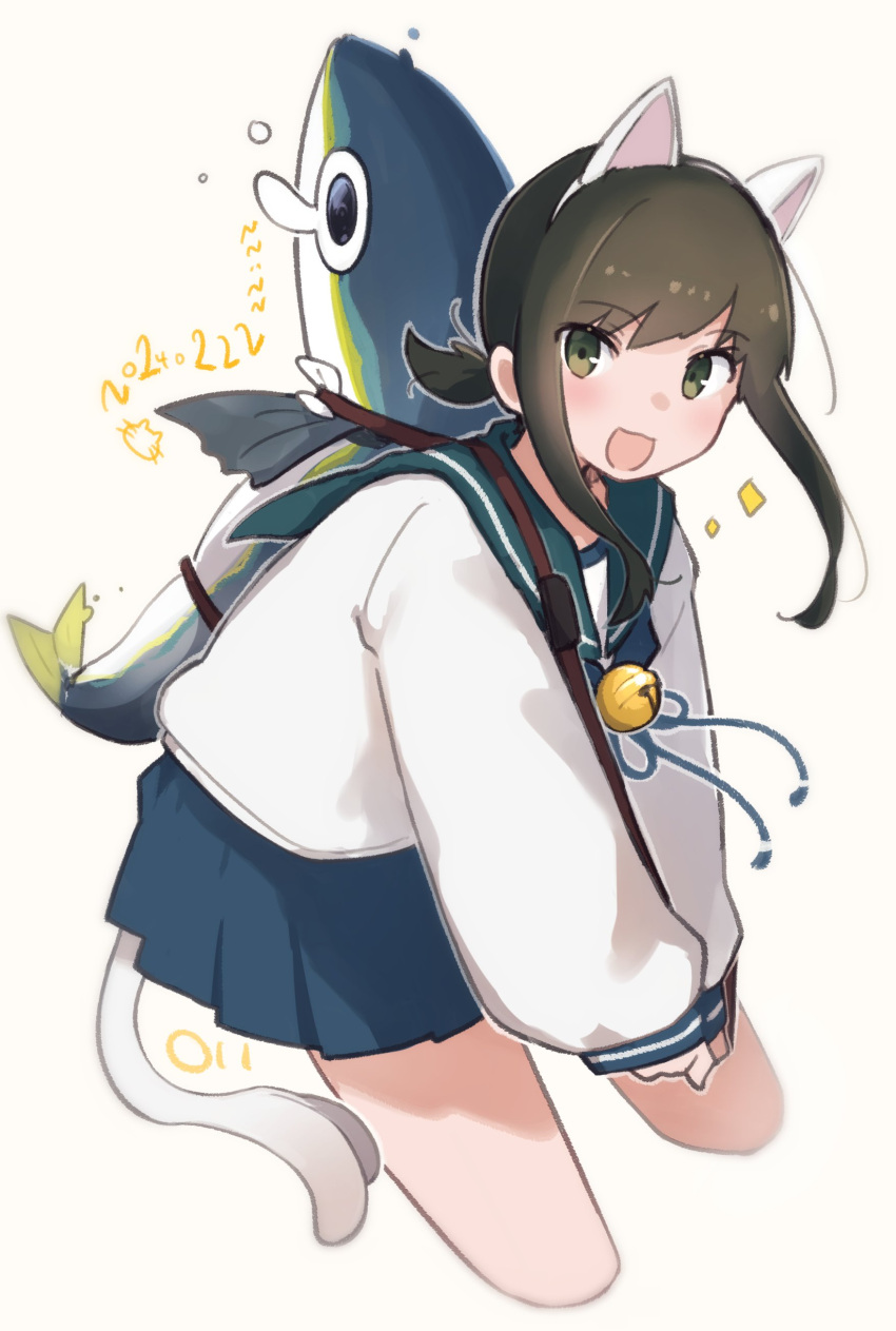 1girl absurdres adapted_costume animal_ears artist_logo bell cat_day fake_animal_ears fish fubuki_(kancolle) green_sailor_collar highres kantai_collection long_sleeves looking_at_viewer low_ponytail ma_rukan neck_bell pleated_skirt sailor_collar school_uniform serafuku short_ponytail signature skirt smile tears tuna