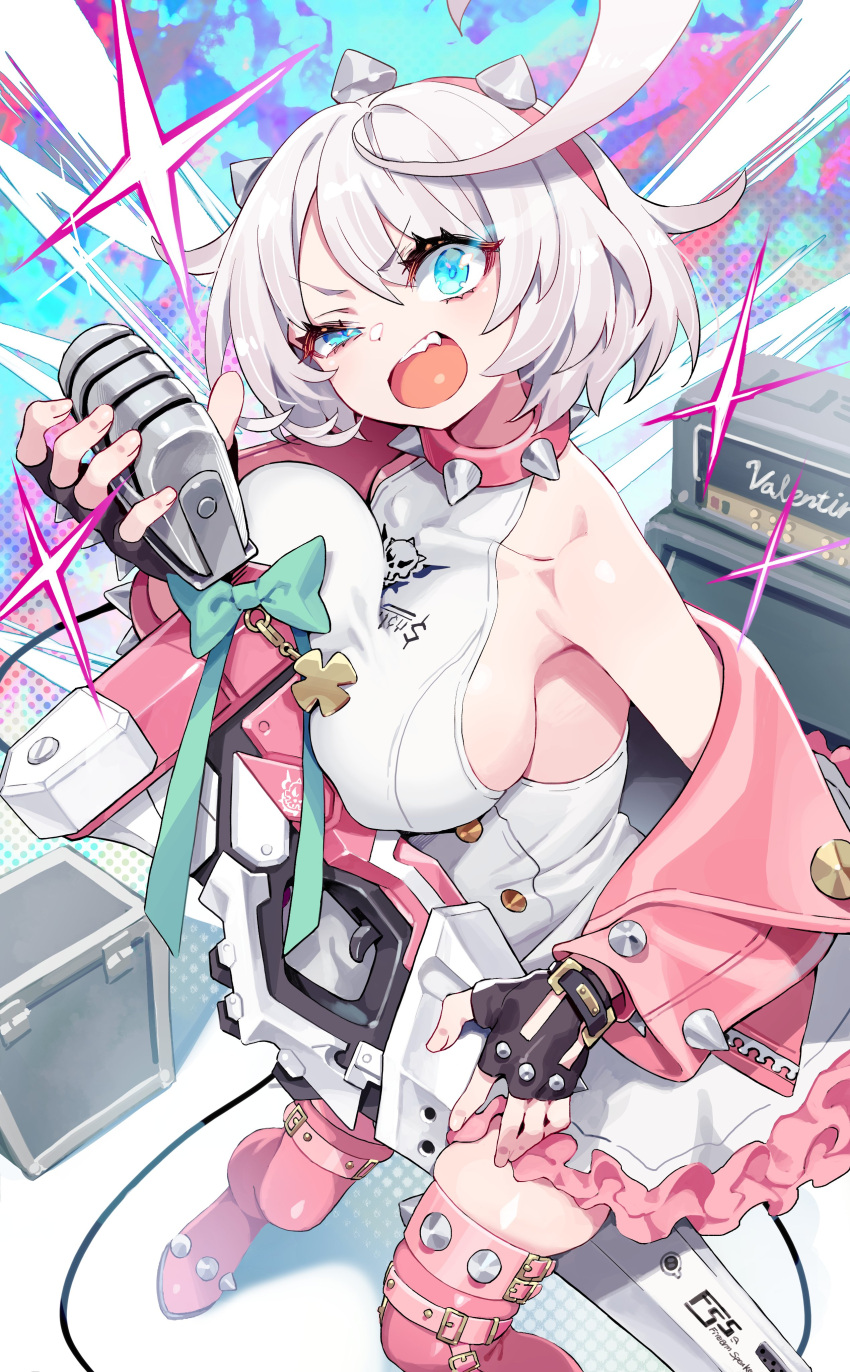 1girl absurdres ahoge bare_shoulders blue_eyes breasts collarbone covered_nipples cropped_jacket dress elphelt_valentine fingerless_gloves gloves guilty_gear guilty_gear_strive gun hairband half-closed_eye highres holding holding_gun holding_microphone holding_weapon jacket kunikune large_breasts looking_at_viewer microphone open_clothes open_jacket pink_hairband pink_jacket pink_thighhighs sideboob sleeveless sleeveless_dress solo spiked_hairband spiked_jacket spikes thighhighs weapon white_dress white_hair