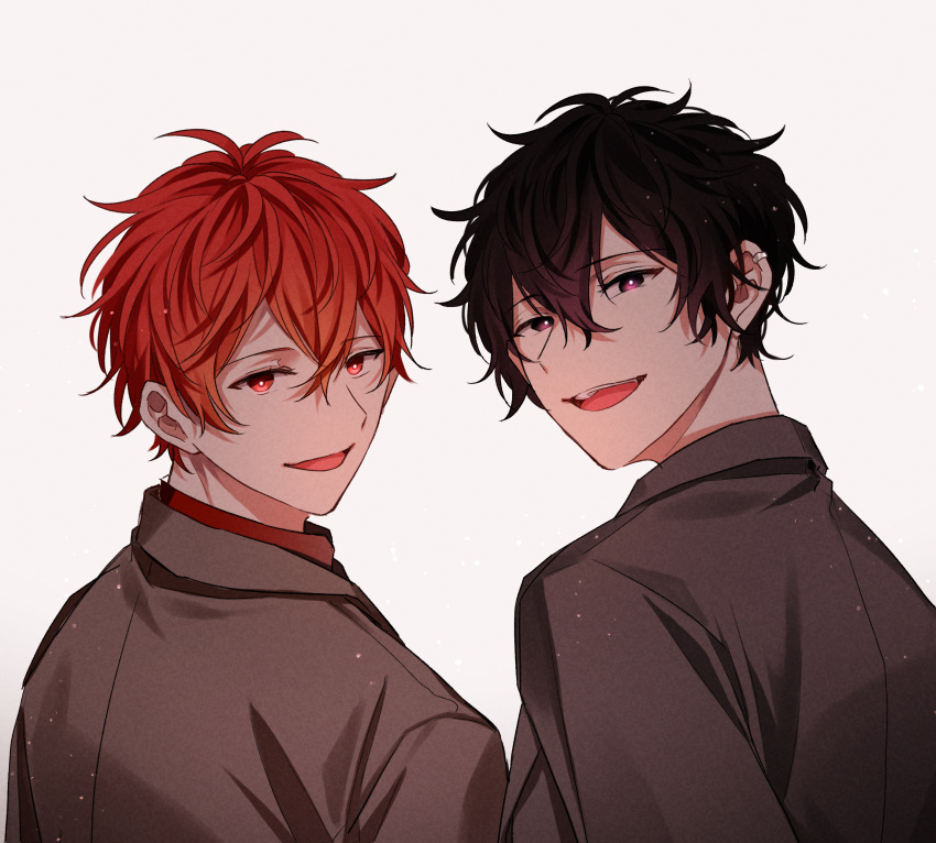 2boys absurdres black_eyes black_hair coat collared_coat ear_piercing given gradient_hair hair_between_eyes highres looking_at_viewer male_focus messy_hair multicolored_hair multiple_boys murata_ugetsu open_mouth orange_eyes orange_hair piercing pinoli_(pinoli66) portrait red_hair satou_mafuyu short_hair teeth tongue white_background