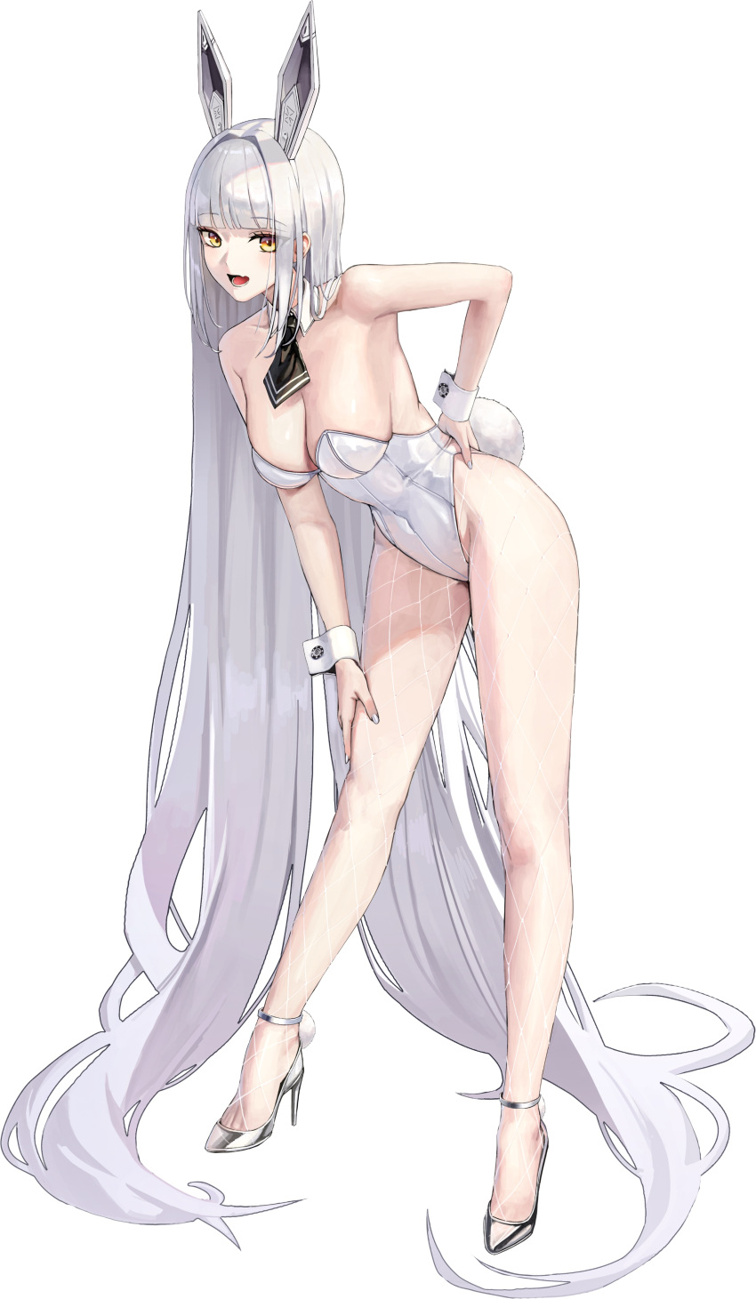 1girl :d absurdres animal_ears bare_arms bare_shoulders black_necktie blanc_(nikke) blunt_bangs blush breasts cleavage commentary covered_navel detached_collar english_commentary fake_animal_ears fake_tail fishnet_pantyhose fishnets full_body goddess_of_victory:_nikke hallo_(rltkdydrltk) hand_on_own_hip high_heels highleg highleg_leotard highres large_breasts leaning_forward leotard long_hair necktie open_mouth pantyhose playboy_bunny rabbit_ears rabbit_tail silver_footwear simple_background smile solo standing tail thighs very_long_hair white_background white_hair white_leotard wrist_cuffs yellow_eyes