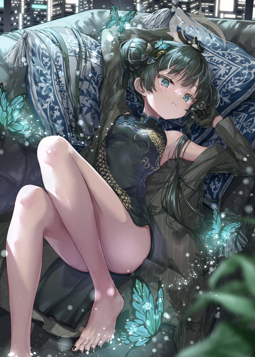 1girl animal barefoot black_dress black_gloves black_hair black_nails blue_archive blue_eyes breasts bug butterfly butterfly_hair_ornament china_dress chinese_clothes coat commentary double_bun dragon_print dress feet foot_out_of_frame gloves grey_coat hair_bun hair_ornament highres hirokazu_(analysis-depth) kisaki_(blue_archive) knees_up legs long_hair long_sleeves nail_polish revision small_breasts solo striped_coat toenail_polish toenails toes twintails vertical-striped_coat