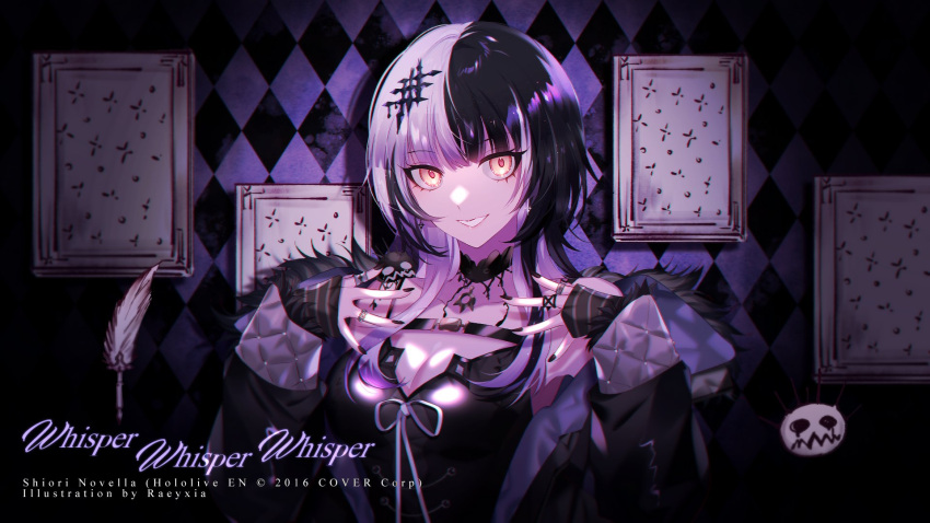 1girl black_choker black_dress black_hair black_nails breasts choker cleavage coat dress fur-trimmed_coat fur_trim grey_hair hair_ornament highres hololive hololive_english jewelry lace lace-trimmed_choker lace_choker lace_trim long_hair looking_at_viewer multicolored_hair namiey official_art ring shiori_novella shiori_novella_(1st_costume) smile solo split-color_hair two-tone_hair virtual_youtuber yellow_eyes yorick_(shiori_novella)