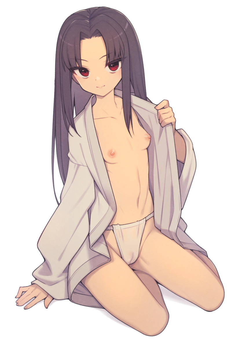 1girl black_hair breasts cameltoe closed_mouth collarbone everyntrge fundoshi highres japanese_clothes light_smile long_hair long_sleeves looking_at_viewer navel nipples open_clothes original red_eyes sidelocks simple_background sitting small_breasts solo tagme white_background