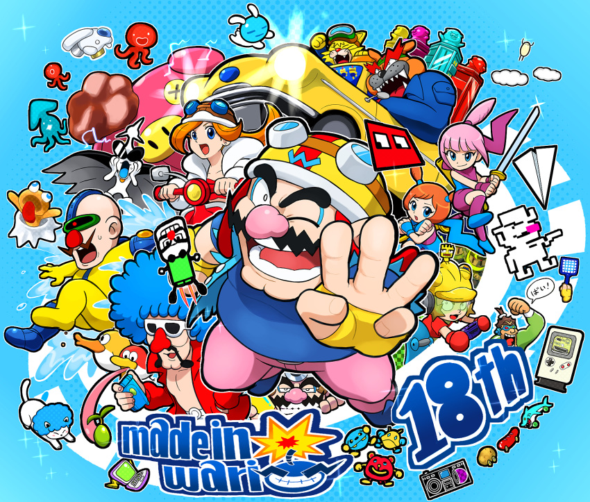 18-volt 3girls 5-volt 6+boys alien alien_bunny_(warioware) ana_(warioware) blue_eyes blue_shirt cat dog double_bun dr._crygor dribble_(warioware) facial_hair fronk goggles goggles_on_headwear hair_bun helmet highres holding holding_sword holding_weapon hoshi_(star-name2000) jacket jimmy_t kat_(warioware) long_hair looking_at_viewer mona_(warioware) motor_vehicle multiple_boys multiple_girls mustache one_eye_closed open_clothes open_jacket open_mouth orange_hair orbulon pants pink_hair pink_pants pyoro_(warioware) red_jacket scooter shirt spitz sunglasses sword taxi wario warioware weapon