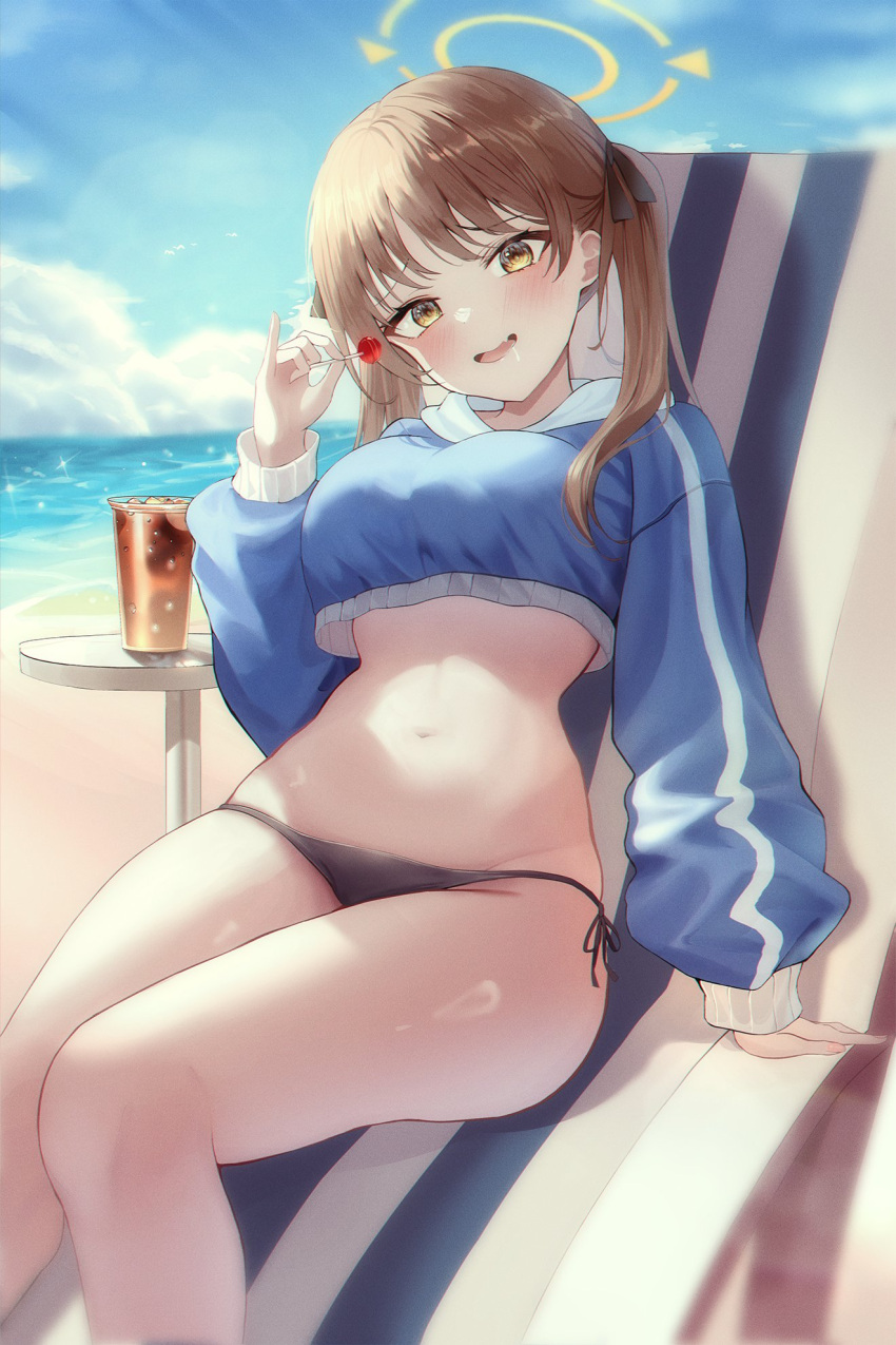 1girl arm_at_side beach bikini black_bikini blue_archive blue_sky blue_sweater blush breasts brown_eyes brown_hair candy cola commentary cropped_sweater cup curvy day disposable_cup drooling fang feet_out_of_frame food halo hand_up hashtag_only_commentary head_tilt highres holding holding_candy holding_food holding_lollipop kerze knees_together_feet_apart large_breasts lollipop long_sleeves looking_at_viewer medium_hair moe_(blue_archive) moe_(swimsuit)_(blue_archive) mouth_drool navel ocean official_alternate_costume open_mouth outdoors pinky_out puffy_long_sleeves puffy_sleeves side-tie_bikini_bottom sidelighting sitting skin_fang sky smile solo stomach straight_hair sweater swimsuit thighs tsurime twintails