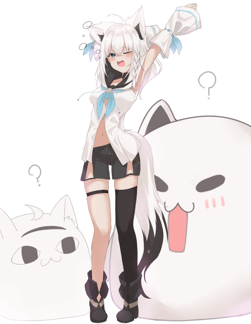 1girl ? absurdres ahoge animal_ear_fluff animal_ears aqua_eyes armpits arms_up black_footwear black_shorts black_thighhighs blue_neckerchief blush boots braid breasts detached_sleeves fox_ears fox_girl fox_tail front_slit fubuzilla_(shirakami_fubuki) full_body half-closed_eyes highres hololive hood hoodie legs long_hair looking_at_viewer medium_breasts midriff_peek miteiru_(shirakami_fubuki) navel neckerchief one_eye_closed open_mouth pentagram shirakami_fubuki shirakami_fubuki_(1st_costume) short_shorts shorts side_braid sidelocks simple_background single_thighhigh solo standing stretching tail taruto_(taruto0918) thigh_strap thighhighs virtual_youtuber white_background white_hair white_hoodie white_sleeves wide_sleeves yawning