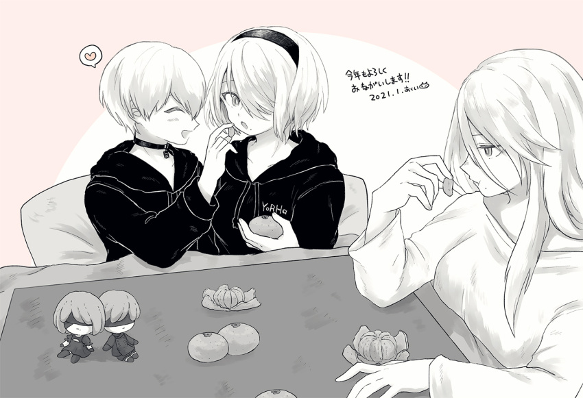 1boy 2b_(nier:automata) 2girls 9s_(nier:automata) :d a2_(nier:automata) akui_(liricoa) closed_eyes collar cushion dated eating feeding food fruit hairband heart highres holding holding_food holding_fruit hood hoodie kotatsu mandarin_orange mole mole_under_mouth monochrome multiple_girls nier:automata nier_(series) open_mouth pink_background smile spoken_heart stuffed_toy table white_hair