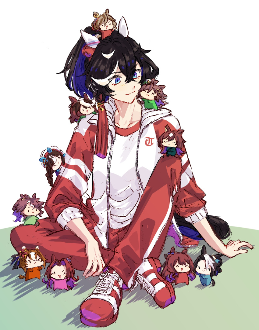 6+girls ^_^ ahoge animal_ears black_hair blue_bow blue_eyes blush bow braid brown_hair chibi closed_eyes closed_mouth commentary_request crossed_arms crossed_legs ear_bow ear_covers ear_ornament earrings full_body hair_between_eyes hair_bun hair_intakes hair_ornament hat highres hokko_tarumae_(umamusume) horse_ears horse_girl horse_tail hug jacket jagaimobeniko jewelry katsuragi_ace_(umamusume) kawakami_princess_(umamusume) long_sleeves low_twin_braids maruzensky_(umamusume) medium_hair mejiro_palmer_(umamusume) mejiro_ramonu_(umamusume) mini_hat mini_top_hat mr._c.b._(umamusume) multicolored_hair multiple_girls open_clothes open_jacket open_mouth pants pinwheel_hair_ornament ponytail red_footwear red_jacket red_pants school_uniform shirt shoes short_hair simple_background single_earring sirius_symboli_(umamusume) sitting smile sneakers streaked_hair symboli_rudolf_(umamusume) tail tap_dance_city_(umamusume) tassel tassel_hair_ornament top_hat tracen_school_uniform tracen_training_uniform track_jacket track_pants twin_braids umamusume white_background white_hair white_headwear white_shirt yaeno_muteki_(umamusume)