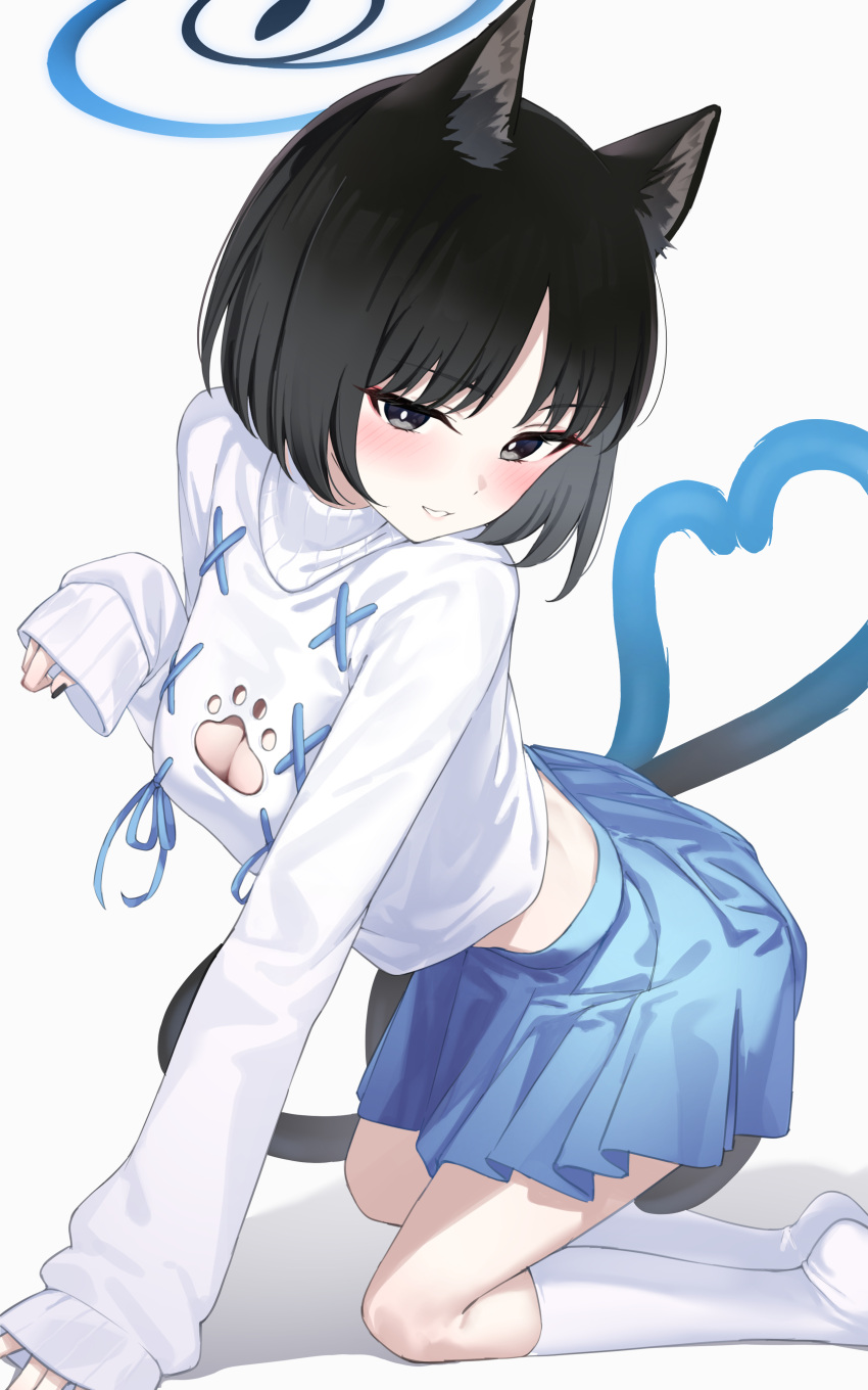 1girl absurdres all_fours animal_ears black_eyes black_hair black_nails blue_archive blue_halo blue_skirt blush breasts cat_ears cat_girl cat_tail cleavage_cutout clothing_cutout commentary_request crop_top crop_top_overhang halo heart heart_tail highres kikyou_(blue_archive) long_sleeves looking_at_viewer multiple_tails no_shoes paw_cutout paw_pose pizza_(pizzania_company) pleated_skirt short_hair simple_background skirt sleeves_past_wrists smile socks solo sweater tail two_tails white_background white_socks white_sweater
