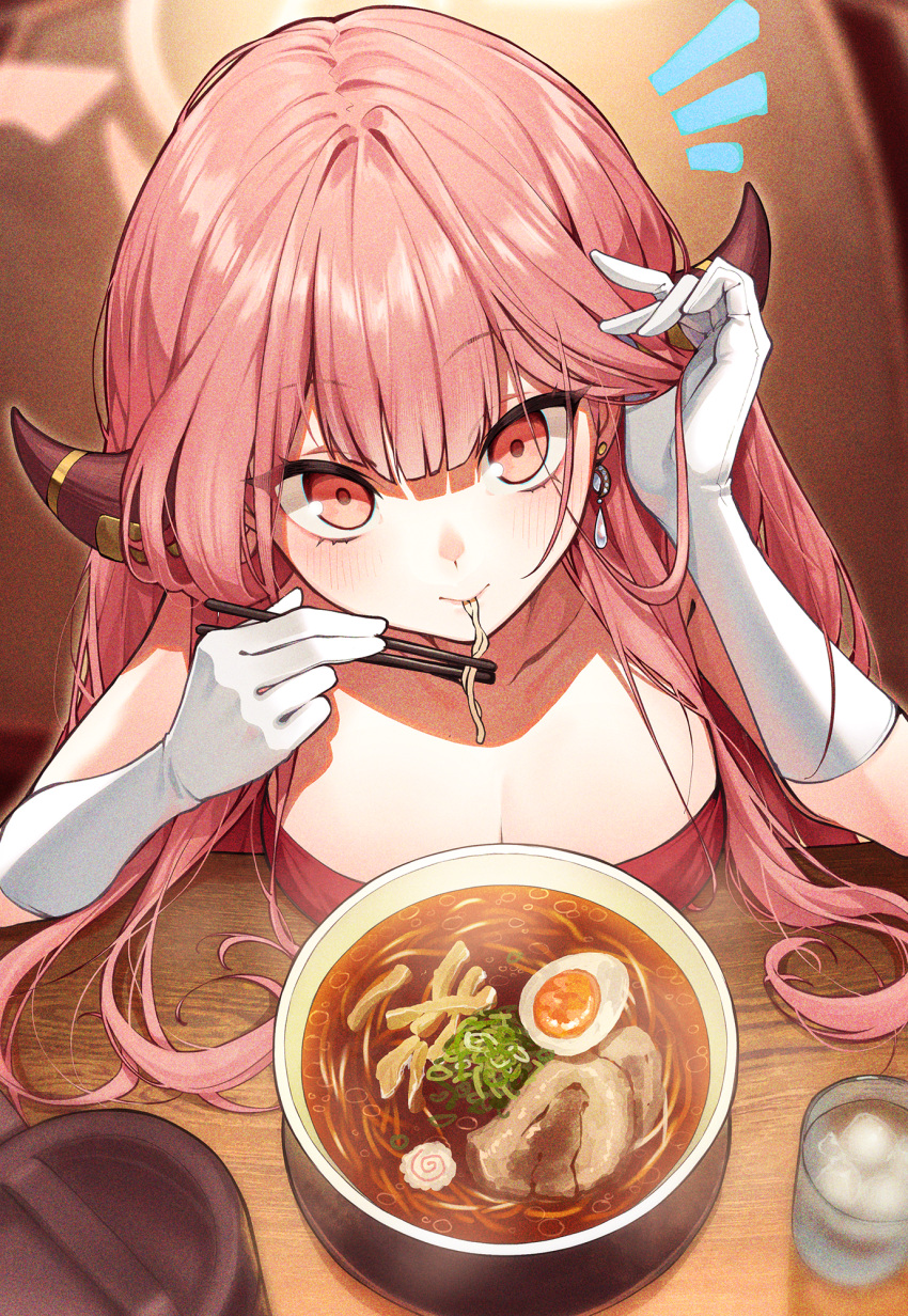 1girl aru_(blue_archive) aru_(dress)_(blue_archive) blue_archive bowl breasts chopsticks cleavage closed_mouth commentary_request earrings eating egg_(food) food from_above glass gloves highres holding holding_chopsticks horns ice ice_cube jewelry kabu_(niniko2ko) long_hair looking_at_viewer medium_breasts noodles pink_hair pork ramen red_eyes slurping smile softboiled_egg solo soup steam upper_body water white_gloves