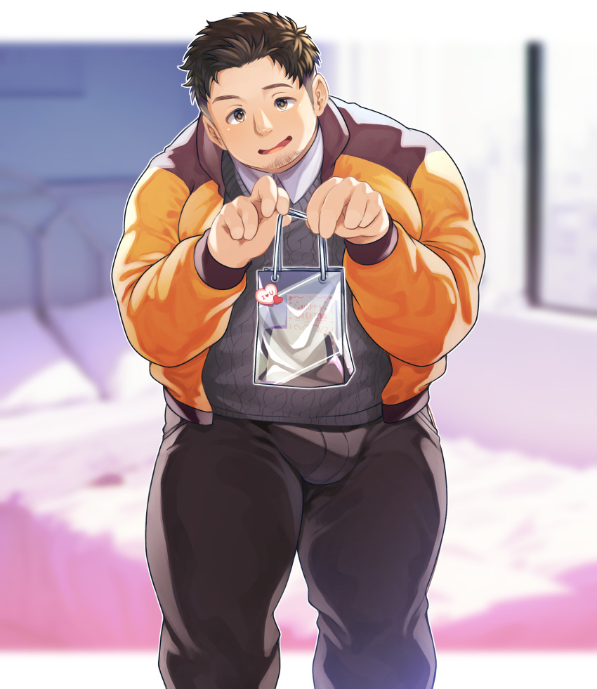 1boy absurdres bag bara brown_hair bulge facial_hair fat fat_man feet_out_of_frame goatee_stubble highres holding looking_at_viewer mature_male original osu_(osumankokuou) pants shopping_bag short_hair sideburns_stubble smile solo standing stubble thick_eyebrows thick_thighs thighs