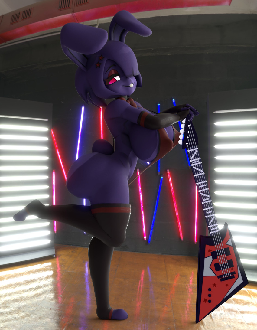 absurd_res animatronic anthro big_breasts big_butt bonnie_(cally3d) bonnie_(fnaf) bow_tie breasts buckteeth butt clothing female five_nights_at_freddy's fredina's_nightclub guitar hi_res lagomorph legwear leporid machine mammal musical_instrument neon pink_eyes plucked_string_instrument rabbit robot scottgames shocking_(artist) solo string_instrument teeth thigh_highs