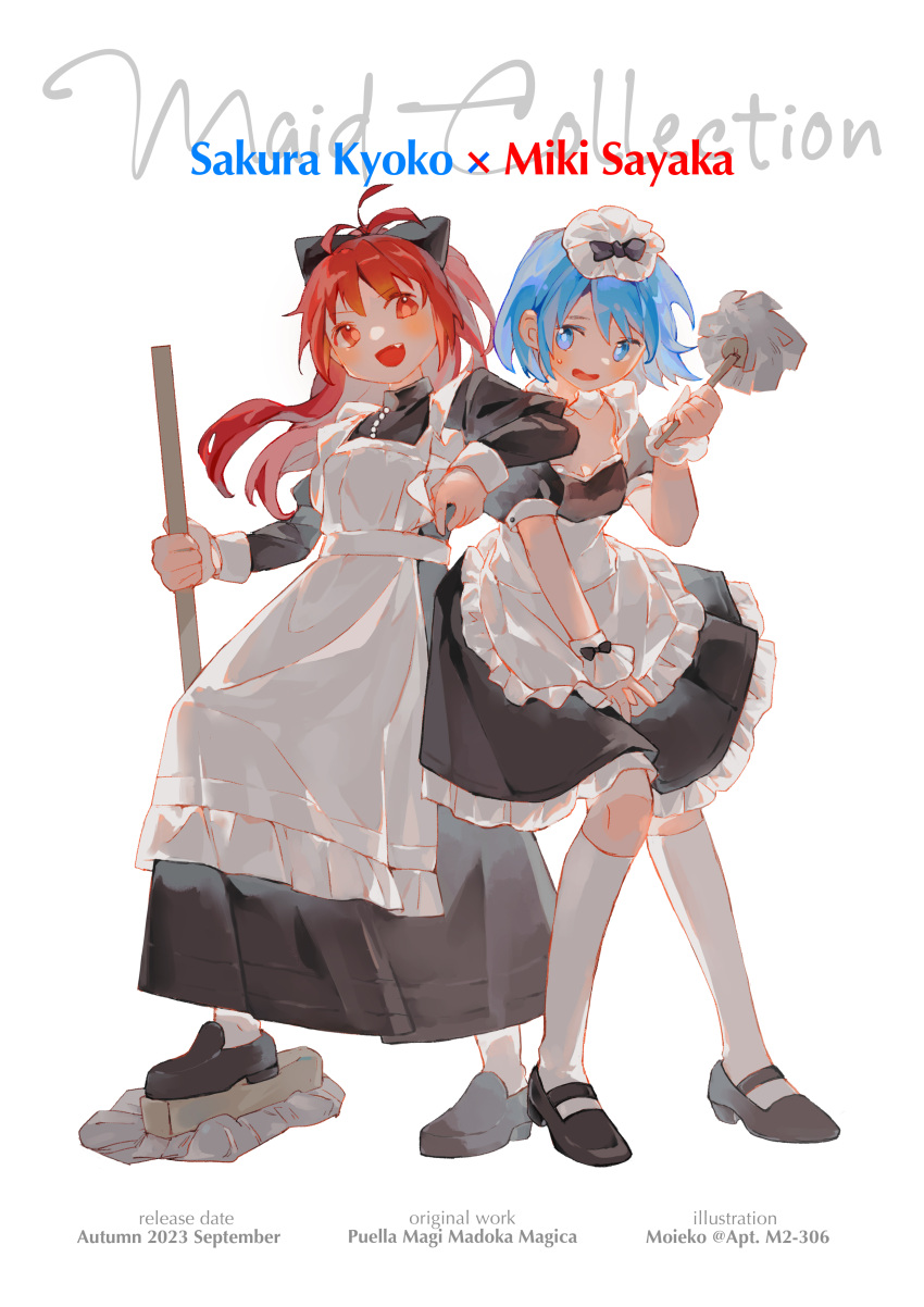 2girls absurdres alternate_costume apron arm_on_shoulder black_dress black_footwear blue_eyes blue_hair blush bow detached_collar dress duster english_text enmaided full_body hair_between_eyes hair_bow hair_ornament highres holding holding_duster holding_mop kneehighs loafers long_dress long_hair long_sleeves looking_at_another mahou_shoujo_madoka_magica maid maid_apron maid_headdress mary_janes miki_sayaka moieko mop multiple_girls ponytail promotional_art puffy_sleeves red_eyes red_hair sakura_kyoko shoes short_hair simple_background smile socks standing turtleneck white_background white_socks wrist_cuffs