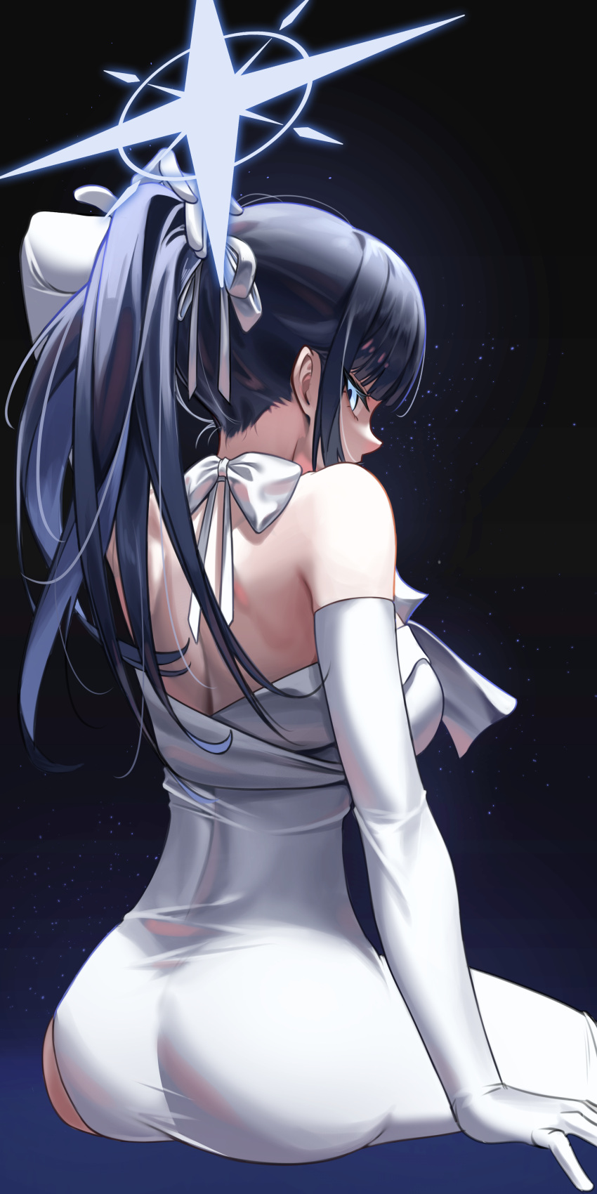 1girl absurdres ass back black_hair blue_archive blue_eyes blue_halo breasts dress elbow_gloves from_behind gloves halo highres long_hair medium_breasts official_alternate_costume samgong saori_(blue_archive) saori_(dress)_(blue_archive) solo strapless strapless_dress white_dress white_gloves