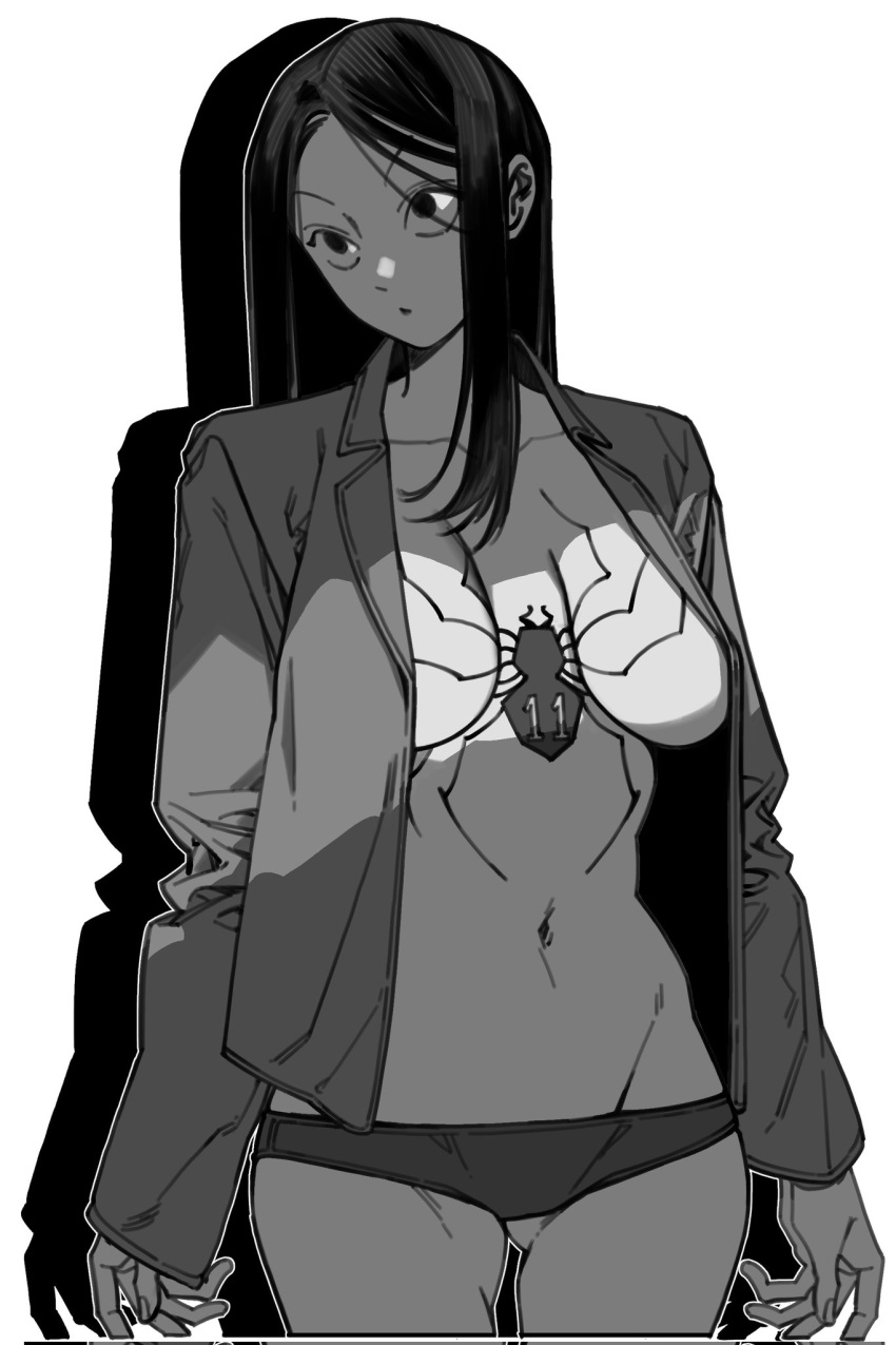 1girl arms_at_sides ass_visible_through_thighs body_writing breasts breasts_apart chest_tattoo cropped_legs drop_shadow genderswap genderswap_(mtf) greyscale hair_over_one_eye highres hunter_x_hunter hxhjjjj_h_9 illumi_zoldyck jacket korean_commentary large_breasts long_hair long_sleeves looking_to_the_side monochrome navel no_bra no_pants no_shirt open_clothes open_jacket panties simple_background sleeves_past_wrists solo spider_tattoo tattoo underwear