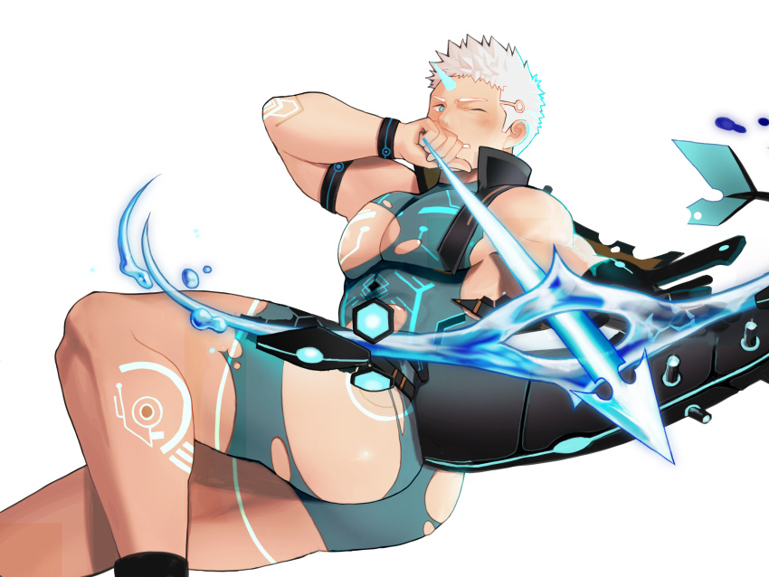 1boy absurdres aqua_eyes arrow_(projectile) ass bara blue_bodysuit bodysuit bow_(weapon) gaius_(live_a_hero) gorioxxxx highres holding holding_arrow holding_bow_(weapon) holding_weapon horns large_pectorals live_a_hero male_focus muscular muscular_male nipples one_eye_closed pectorals short_hair simple_background single_horn solo torn_bodysuit torn_clothes weapon white_background white_hair