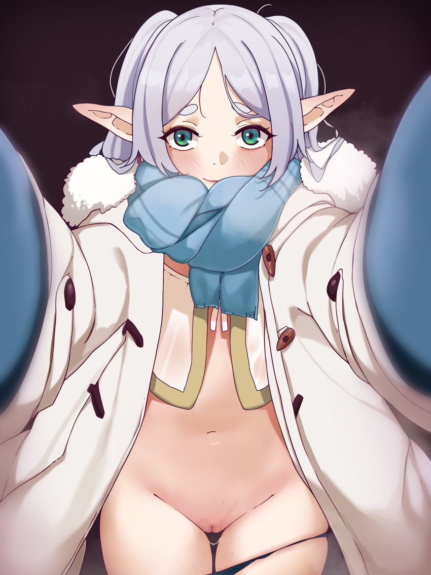 1girl absurdres black_background blue_gloves blue_scarf blush coat commentary drop_earrings earrings elf english_commentary frieren fur-trimmed_hood fur_trim gloves green_eyes heart highres hood jewelry long_hair looking_at_viewer meme navel open_clothes open_coat panties panty_pull parted_bangs pointy_ears pov pov_cheek_warming_(meme) pussy_juice scarf smile solo sousou_no_frieren steaming_body todding underwear winter_clothes winter_coat winter_gloves