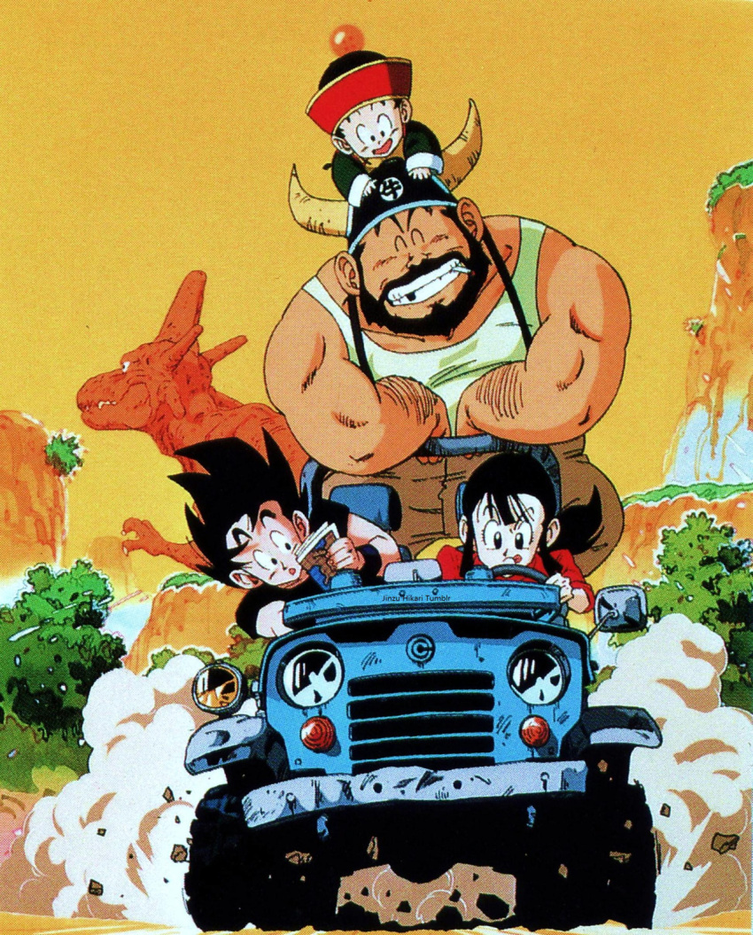 1girl 3boys car chi-chi_(dragon_ball) closed_eyes dragon_ball dragon_ball_z driving father_and_son gyuu_mao happy highres motor_vehicle mountain multiple_boys orange_sky simple_background sky smile son_gohan son_goku steering_wheel teeth upper_teeth_only