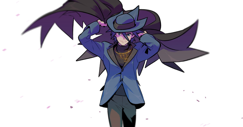 1boy blue_headwear blue_jacket closed_mouth commentary_request cowboy_shot hair_between_eyes hands_up hat highres holding_cloak jacket jewelry long_sleeves looking_at_viewer male_focus necklace pants pokemon pokemon_dppt redlhzz riley_(pokemon) shirt smile solo spiked_hair white_background