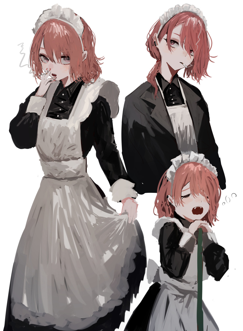 1girl absurdres apron broom cigarette closed_mouth grey_eyes highres holding holding_broom holding_cigarette jacket long_sleeves looking_at_viewer maid maid_apron maid_headdress mole mole_under_eye multiple_views open_mouth original piercing pikuson red_hair short_hair simple_background skirt_hold white_apron white_background wrist_cuffs yawning