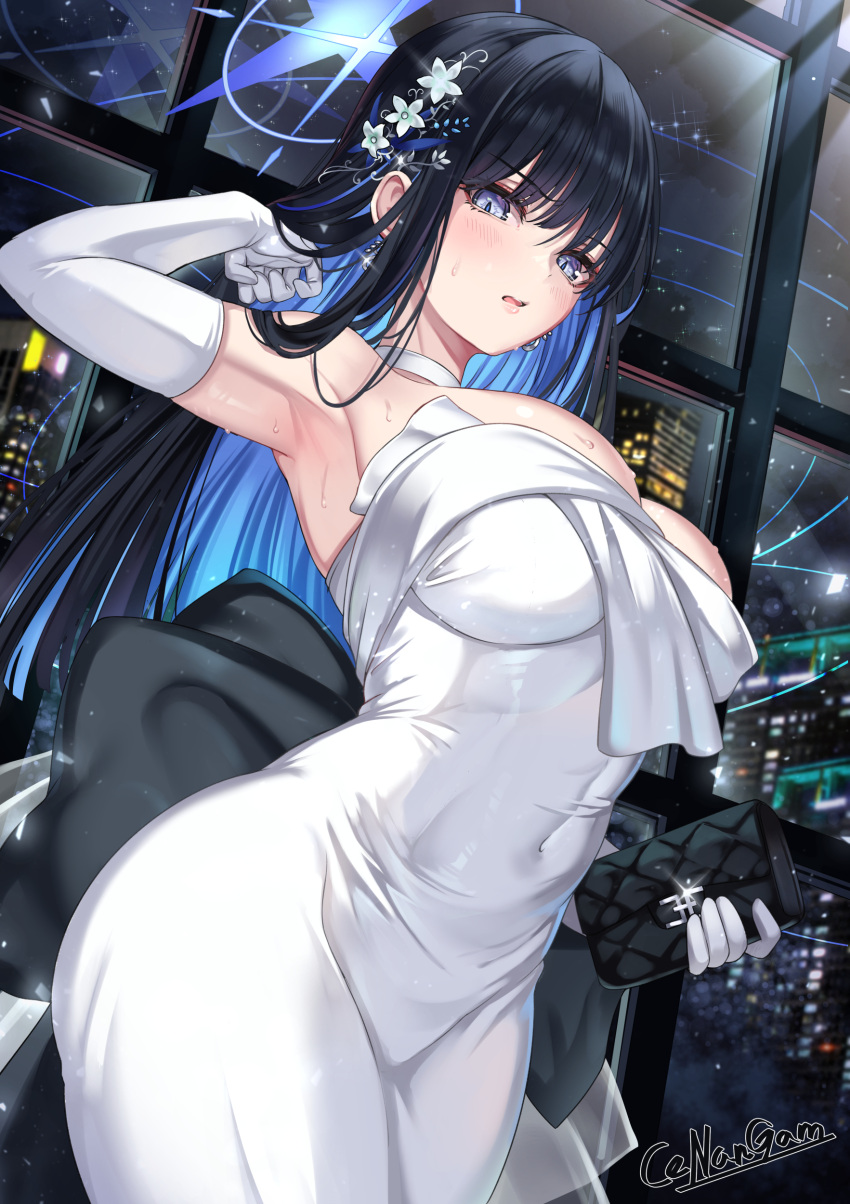 1girl absurdres arm_up bag black_hair blue_archive blue_halo blunt_bangs breasts cenangam colored_inner_hair covered_navel dress elbow_gloves gloves hair_ornament halo hand_in_own_hair handbag highres holding holding_bag long_hair multicolored_hair official_alternate_costume saori_(blue_archive) saori_(dress)_(blue_archive) strapless strapless_dress white_dress white_gloves