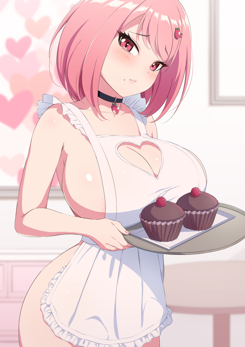 1girl absurdres apron black_choker blush breasts choker cleavage closed_mouth collarbone commentary_request cupcake food fruit hair_ornament hairclip heart highres holding holding_tray indoors large_breasts looking_at_viewer mole mole_under_eye mole_under_mouth naked_apron original picture_frame pink_eyes pink_hair raspberry sakamata_(sakamata4) short_hair solo standing table tray white_apron