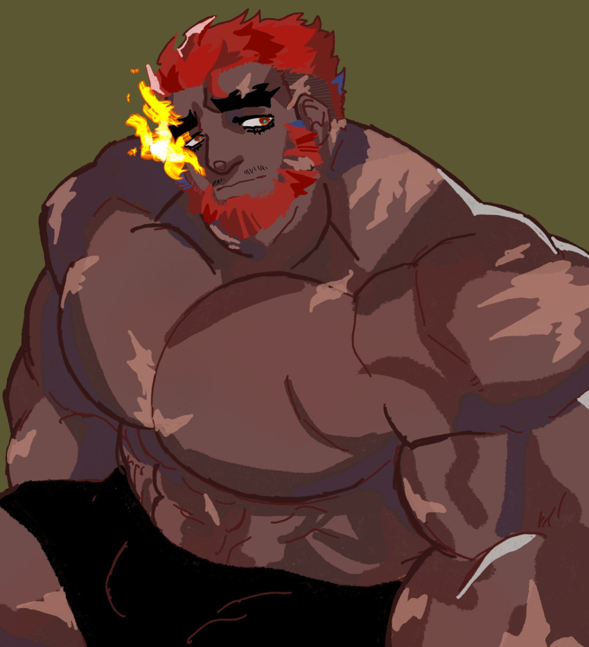 1boy abs bahamut_(bahamunoaka9) bara beard cowboy_shot dark-skinned_male dark_skin eyebrow_cut facial_hair flaming_eye full_beard hephaestus_(housamo) highres huge_pectorals looking_at_viewer male_focus mature_male muscular muscular_male no_nipples red_eyes scar short_hair solo thick_beard thick_eyebrows tokyo_afterschool_summoners topless_male upper_body very_dark_skin