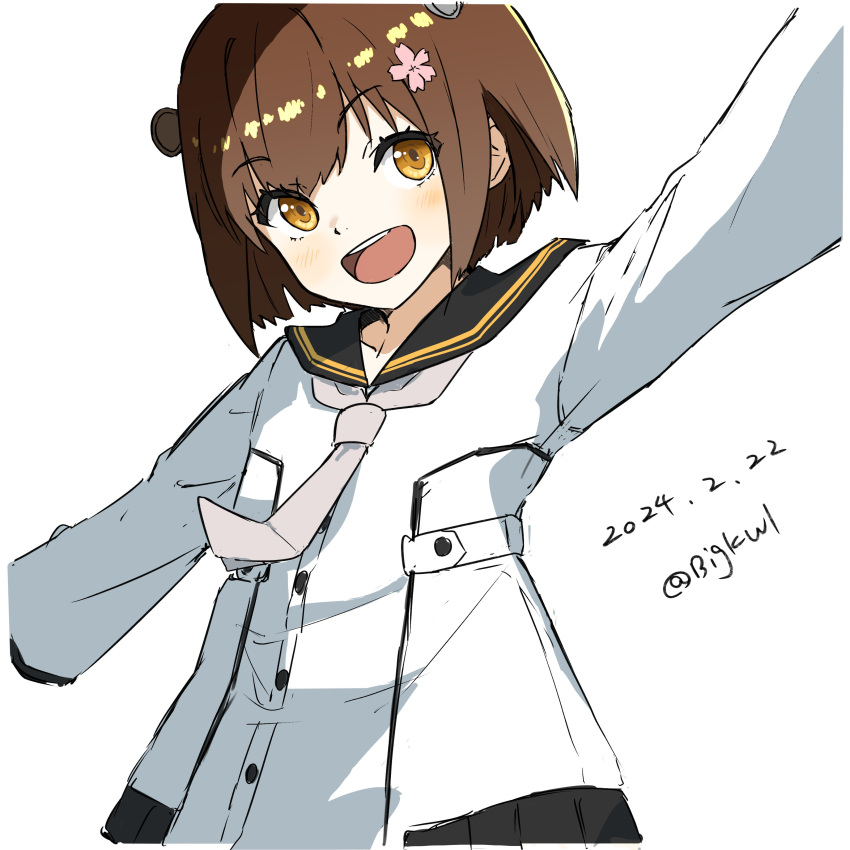 1girl absurdres bigkwl black_sailor_collar brown_eyes brown_hair dated dress grey_neckerchief headgear highres kantai_collection neckerchief open_mouth outstretched_arms round_teeth sailor_collar short_hair simple_background smile solo speaking_tube_headset teeth twitter_username upper_teeth_only white_background white_dress yukikaze_(kancolle) yukikaze_kai_ni_(kancolle)