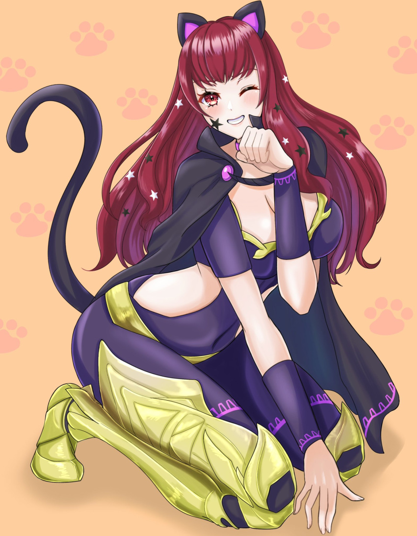 1girl animal_ears belt bodysuit breasts cat_ears cat_tail choker clothing_cutout facial_mark fire_emblem fire_emblem_engage gold_belt hair_ornament highres kousetu0506 large_breasts one_eye_closed pink_choker purple_bodysuit side_cutout star_(symbol) star_facial_mark star_hair_ornament tail yellow_belt yunaka_(fire_emblem)