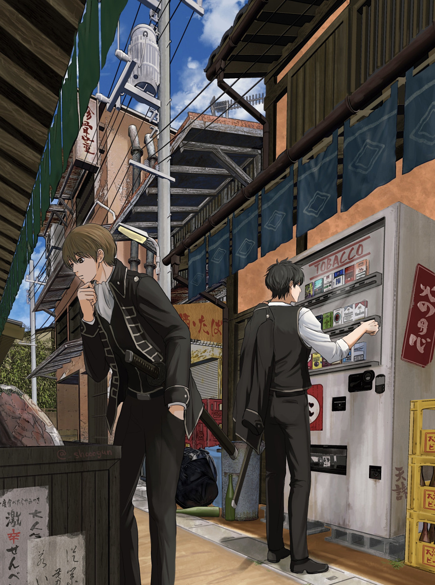 2boys absurdres air_conditioner alley architecture black_footwear black_hair commentary day east_asian_architecture empty_bottle full_body gintama hand_on_own_chin highres hijikata_toushirou jacket light_brown_hair long_sleeves male_focus multiple_boys noren okita_sougo outdoors pants scarf sheath shinsengumi_(gintama) shooogun standing stroking_own_chin sword tobacco translation_request trash_bag trash_can uniform utility_pole vending_machine weapon