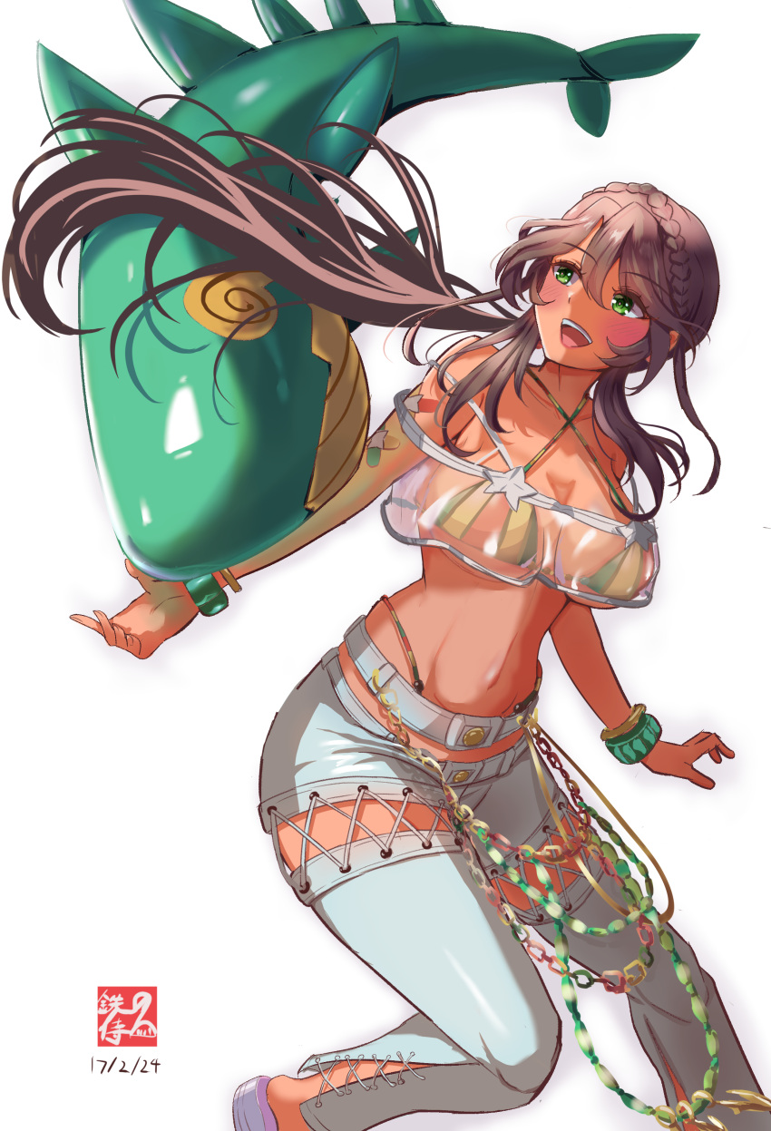 1girl absurdres andromeda_(fate) andromeda_(second_ascension)_(fate) bandeau bare_shoulders bikini bikini_under_clothes blush bracelet braid breasts brown_hair chain cleavage criss-cross_halter cross-laced_clothes crown_braid dark-skinned_female dark_skin denim fate/grand_order fate_(series) green_eyes grey_pants halterneck highleg highleg_bikini highres inflatable_toy iron_samurai jeans jewelry large_breasts long_hair low_ponytail multicolored_bikini multicolored_clothes navel open_mouth pants rainbow_bikini see-through sidelocks smile solo swimsuit thighs