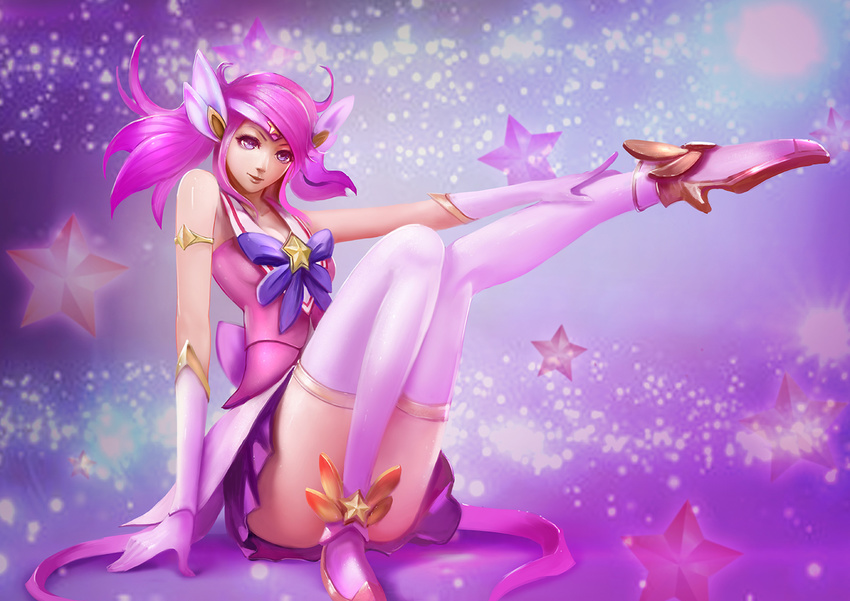 alternate_costume alternate_hair_color armlet gloves hair_ornament kaze_no_gyouja league_of_legends legs luxanna_crownguard magical_girl pink_hair skirt solo star star_guardian_lux thighhighs white_gloves