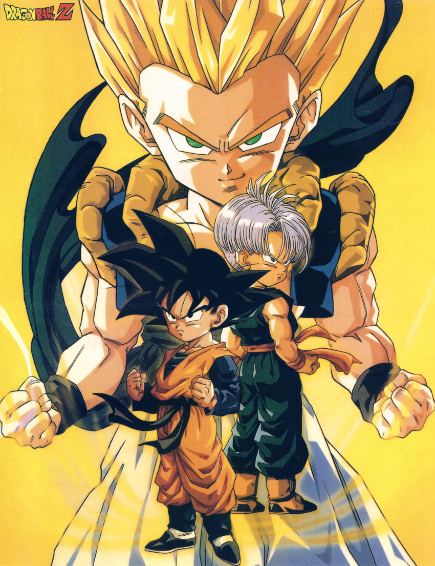 ass black_hair child dragon_ball dragon_ball_z fighting_stance gotenks highres multiple_boys orange_footwear pointy_hair saiyan simple_background smile son_goten standing trunks_(dragon_ball) yellow_background