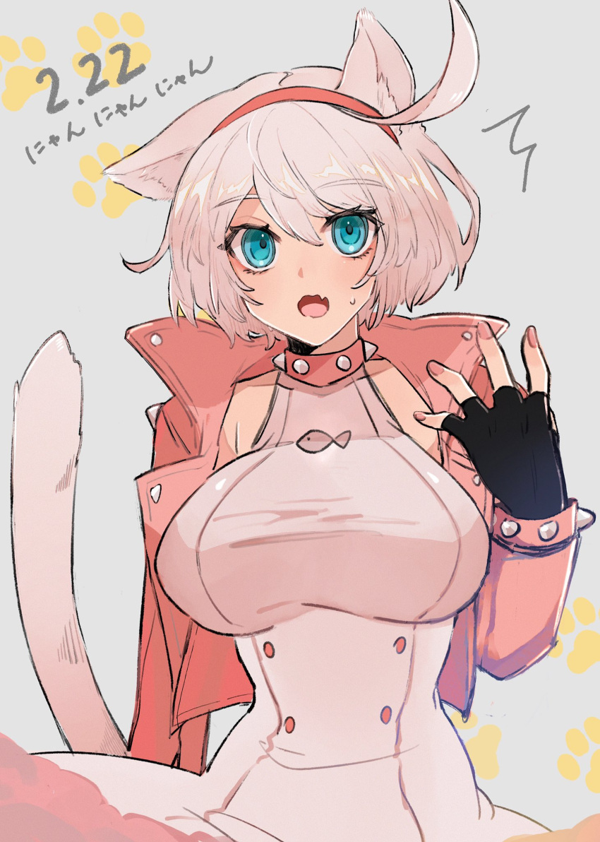 1girl ahoge animal_ears aqua_eyes black_gloves bracelet breasts cat_day cat_ears cat_tail cheesenaanlassi clover collar commentary_request dated dress elphelt_valentine fang four-leaf_clover gloves guilty_gear guilty_gear_strive hairband highres huge_ahoge jacket jewelry large_breasts long_sleeves looking_at_viewer pink_collar pink_hairband pink_jacket short_hair skin_fang spiked_bracelet spiked_collar spiked_hairband spikes tail translation_request white_dress white_hair