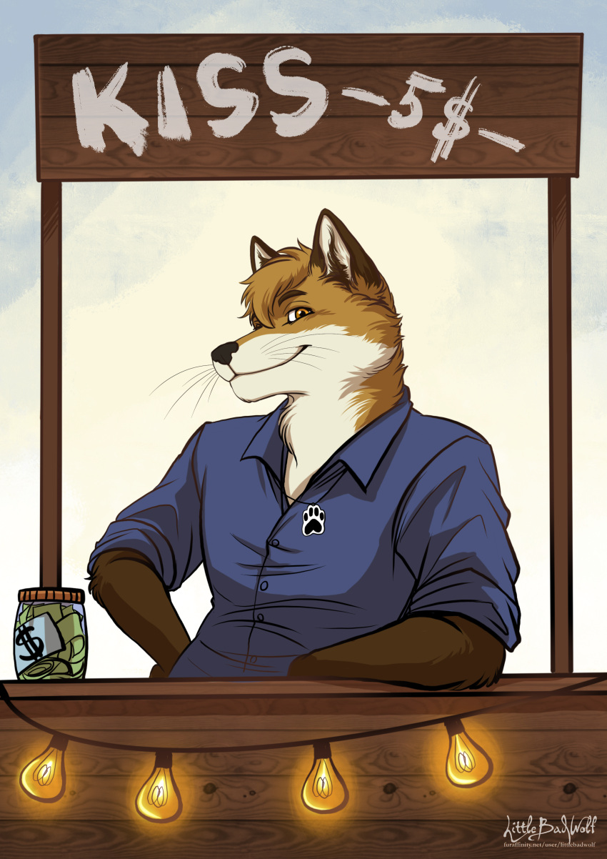 absurd_res anthro banknote biggoodwolf blue_clothing blue_shirt blue_topwear brown_arms canid canine cheek_tuft clothing cloud container currency_symbol dipstick_arms dipstick_ears dollar_sign doppelfoxx facial_tuft fox fur hair head_tuft hi_res jakkals_van_der_bergh_(doppelfoxx) jar jewelry kissing_booth light_bulb lights littlebadwolf male mammal money money_jar multicolored_ears neck_tuft necklace orange_body orange_eyes orange_fur shirt sign signature sky solo symbol topwear tuft vendor_stand whiskers white_body white_fur wood writing_on_sign