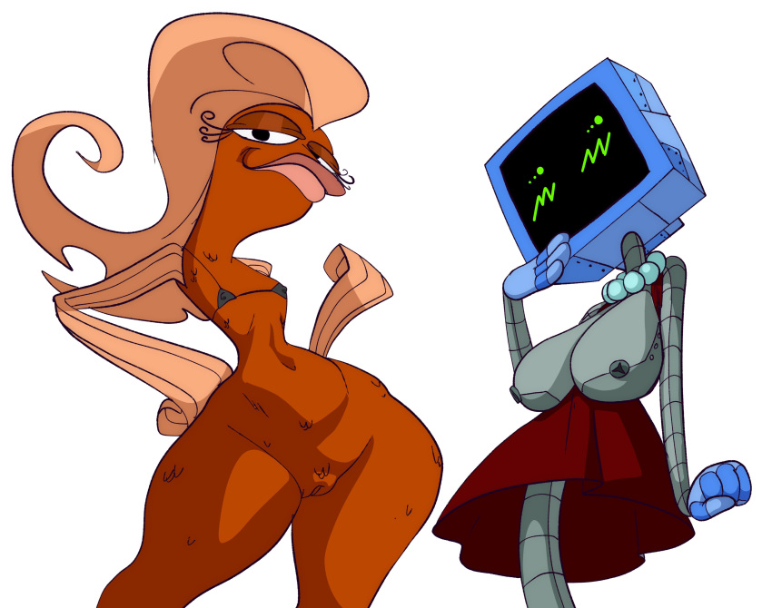 absurd_res blush bra breasts clothing dress duo female fish flat_chested genitals hi_res humanoid inker_comics karen_plankton lips machine marine nickelodeon nipples orange_body orange_skin pussy robot spongebob_squarepants suzie_groove thick_lips underwear wide_hips