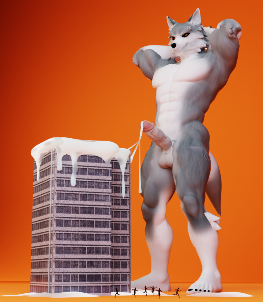 2024 3d_(artwork) anthro bigkami blender_(software) bodily_fluids building canid canine canis cum digital_media_(artwork) ejaculation flooding genital_fluids genitals hands-free hi_res humiliation macro male mammal micro penis solo wolf