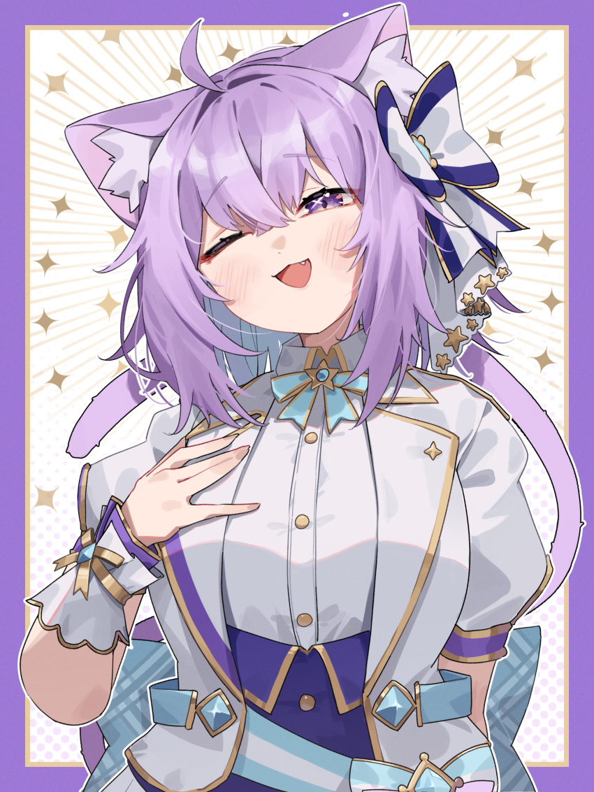 1girl :d ahoge animal_ear_fluff animal_ears aqua_bow aqua_bowtie aqua_sash back_bow blush bow bowtie cat_ears cat_girl cat_tail collared_shirt commentary corset crossed_bangs double-parted_bangs fang gold_trim hair_between_eyes hand_on_own_chest highres hololive hololive_idol_uniform_(bright) jacket jknor nekomata_okayu official_alternate_costume one_eye_closed open_mouth plaid plaid_bow puffy_short_sleeves puffy_sleeves purple_corset purple_eyes purple_hair shirt short_hair short_sleeves smile solo tail underbust upper_body virtual_youtuber white_jacket white_shirt white_wrist_cuffs wrist_cuffs