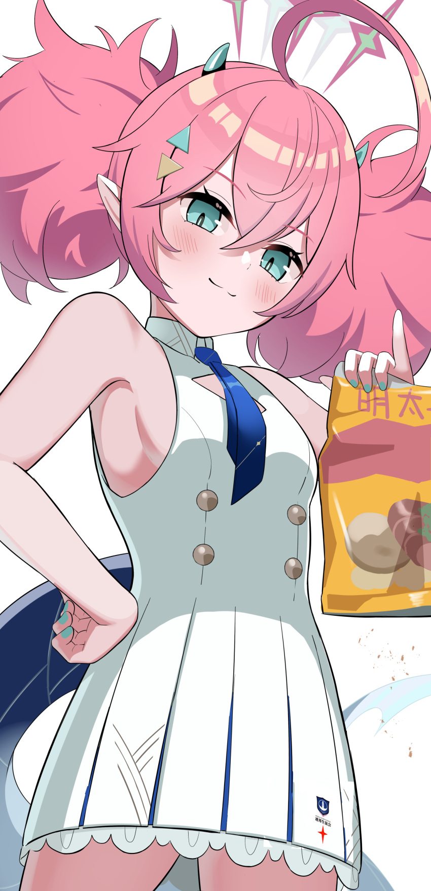 1girl absurdres ahoge bag_of_chips blue_archive blush breasts closed_mouth cowboy_shot dress food green_eyes hair_between_eyes highres holding holding_food long_hair momoka_(blue_archive) pink_hair pointy_ears rindou_ringdong simple_background small_breasts solo tail twintails white_background white_dress