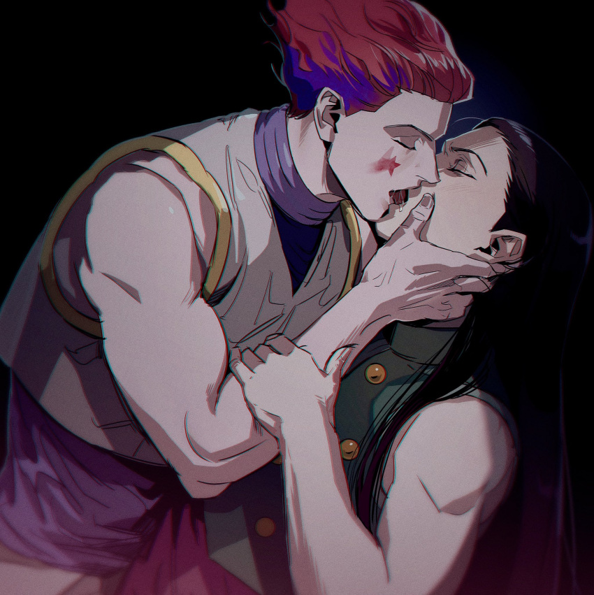 2boys alternate_hairstyle arm_grab bare_shoulders black_background black_hair blush closed_eyes crop_top face-to-face facing_another french_kiss from_side hair_slicked_back hand_on_another's_arm hand_on_another's_cheek hand_on_another's_face highres hunter_x_hunter illumi_zoldyck killua0u0 kiss korean_commentary leaning_forward leaning_on_person long_hair long_sleeves male_focus multiple_boys open_mouth profile red_hair runny_makeup saliva short_hair sleeveless tongue tongue_out upper_body wince yaoi