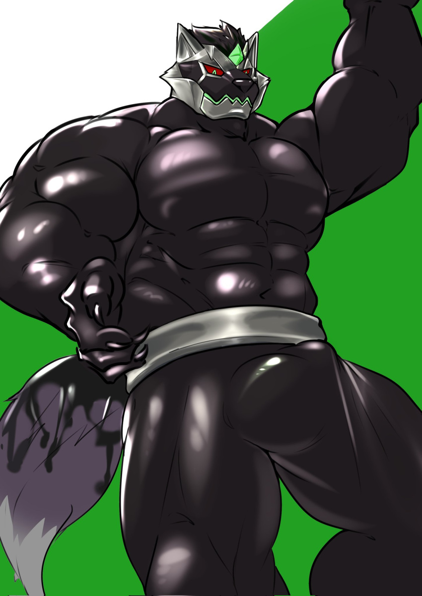 abs anthro bodysuit bulge canid canine canis clothed clothing detailed_bulge domestic_dog erection erection_under_clothing genital_outline green_eyes hi_res husky lifewonders live_a_hero male mammal monomasa muscular muscular_anthro nordic_sled_dog nrice19 pecs penis_outline red_sclera skinsuit solo spandex spitz supervillain tight_clothing