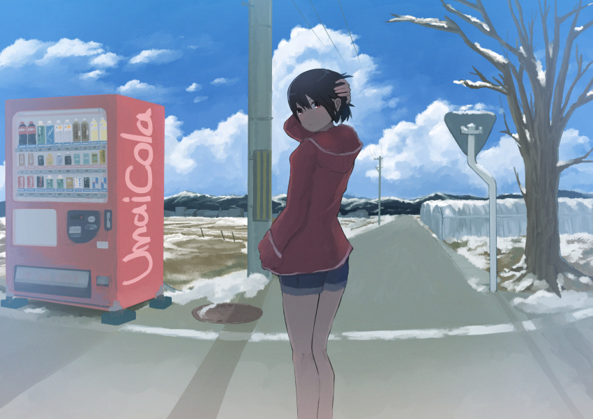 1girl black_hair blue_shorts cloud commentary_request cumulonimbus_cloud film_grain hand_in_own_hair hand_in_pocket highres hood hood_down hooded_jacket inami_hatoko jacket looking_back original outdoors power_lines red_eyes red_jacket road road_sign shadow short_hair shorts sign snow solo standing utility_pole vending_machine