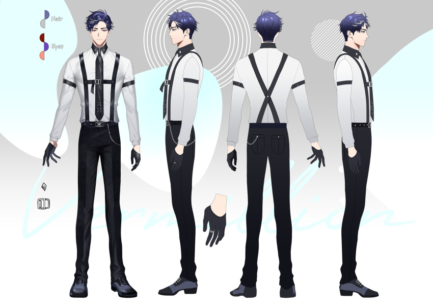 1boy belt black_belt black_footwear black_gloves black_necktie black_pants blue_hair circle closed_mouth collared_shirt color_guide frown gloves grey_hair highres indie_virtual_youtuber kanapy long_sleeves male_focus multicolored_hair multiple_views necktie orcus_vermillion pants red_eyes reference_sheet second-party_source shirt streaked_hair suspenders thai_commentary virtual_youtuber white_shirt