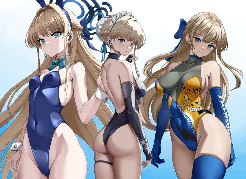 1girl absurdres animal_ears aqua_bow aqua_bowtie ass black_gloves blonde_hair blue_archive blue_eyes blue_gloves blue_halo blue_leotard blue_thighhighs bow bowtie breasts covered_navel detached_collar earpiece elbow_gloves fake_animal_ears fingerless_gloves gloves gradient_background halo highleg highleg_leotard highres indy_k large_breasts leotard long_hair looking_at_viewer maid_headdress medium_breasts multiple_views playboy_bunny rabbit_ears short_hair single_thighhigh strapless strapless_leotard thighhighs toki_(blue_archive) toki_(bunny)_(blue_archive) white_wrist_cuffs wrist_cuffs