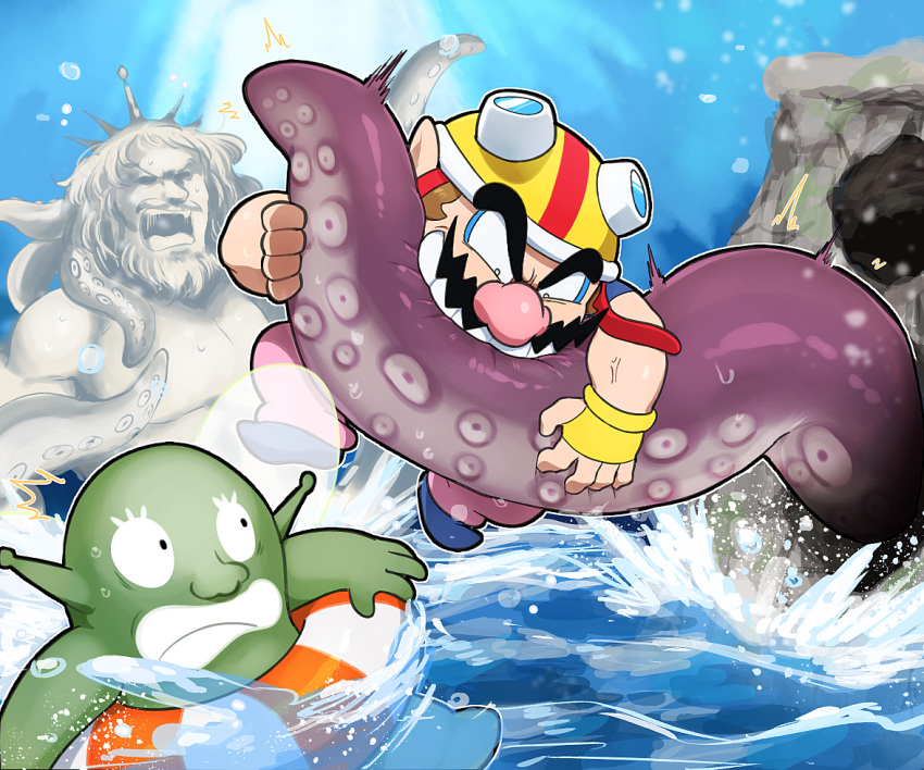 2boys biting blue_footwear brown_hair clenched_teeth creature facial_hair fingerless_gloves gloves goggles goggles_on_headwear helmet hoshi_(star-name2000) multiple_boys mustache open_mouth pants pink_pants pointy_ears teeth tentacles wario warioware warioware:_get_it_together! water yellow_gloves