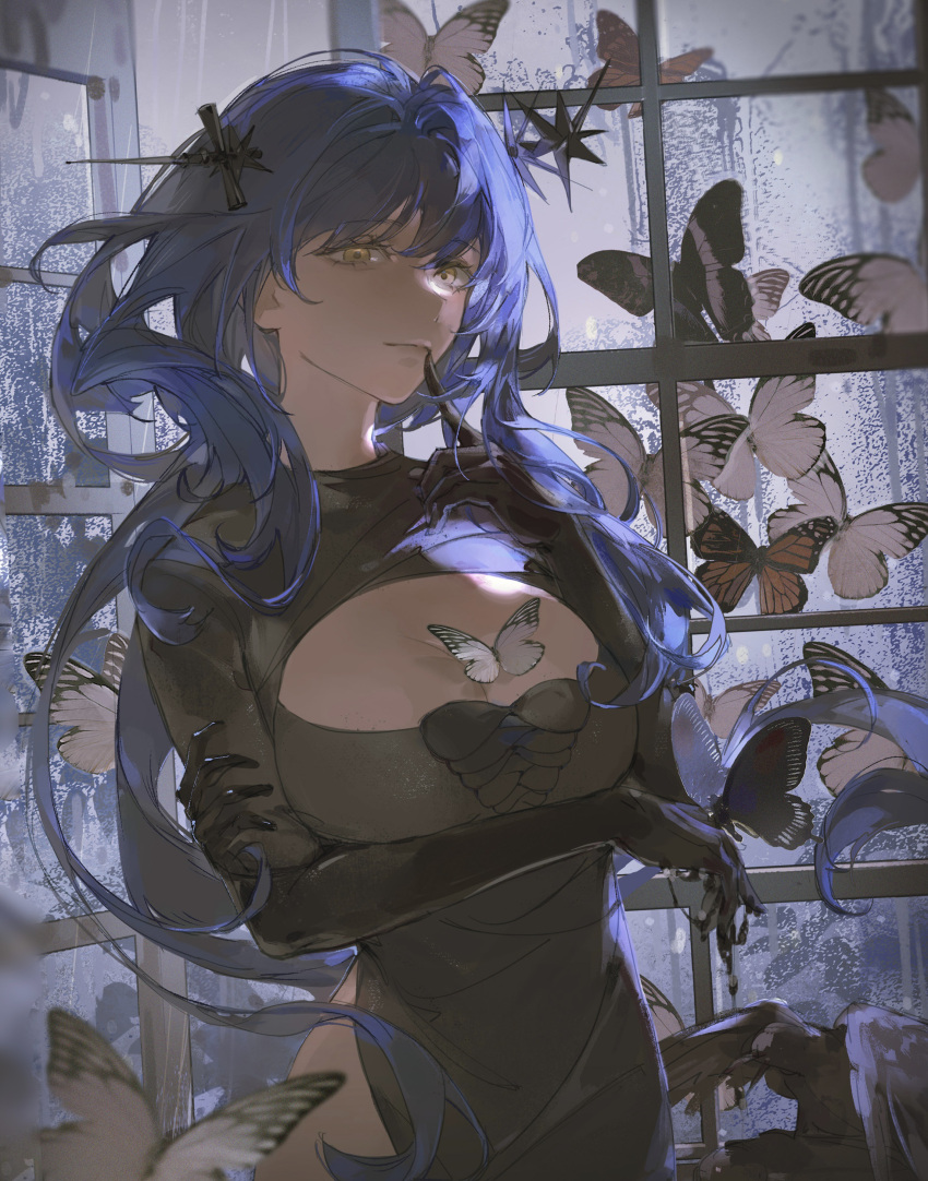 1girl absurdres arcana_(reverse:1999) arm_under_breasts black_dress black_gloves blue_hair breasts bug butterfly cleavage cleavage_cutout clothing_cutout dress elbow_gloves finger_to_mouth gjygyao gloves hand_up highres hip_vent index_finger_raised large_breasts long_hair long_sleeves looking_at_viewer reverse:1999 solo upper_body very_long_hair wand_in_head window yellow_eyes