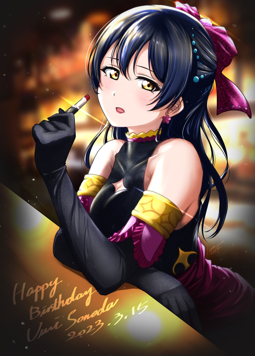 1girl absurdres black_dress black_gloves blue_hair breasts character_name cleavage collarbone commentary_request cosmetics dated dress earrings elbow_gloves gloves hair_between_eyes hair_ornament half_updo happy_birthday highres holding holding_lipstick_tube jewelry lipstick lipstick_tube long_hair looking_at_viewer love_live! love_live!_school_idol_project makeup medium_breasts open_mouth sidelocks sleeveless sleeveless_dress soldier_game solo sonoda_umi surv1v3-13005993 upper_body yellow_eyes