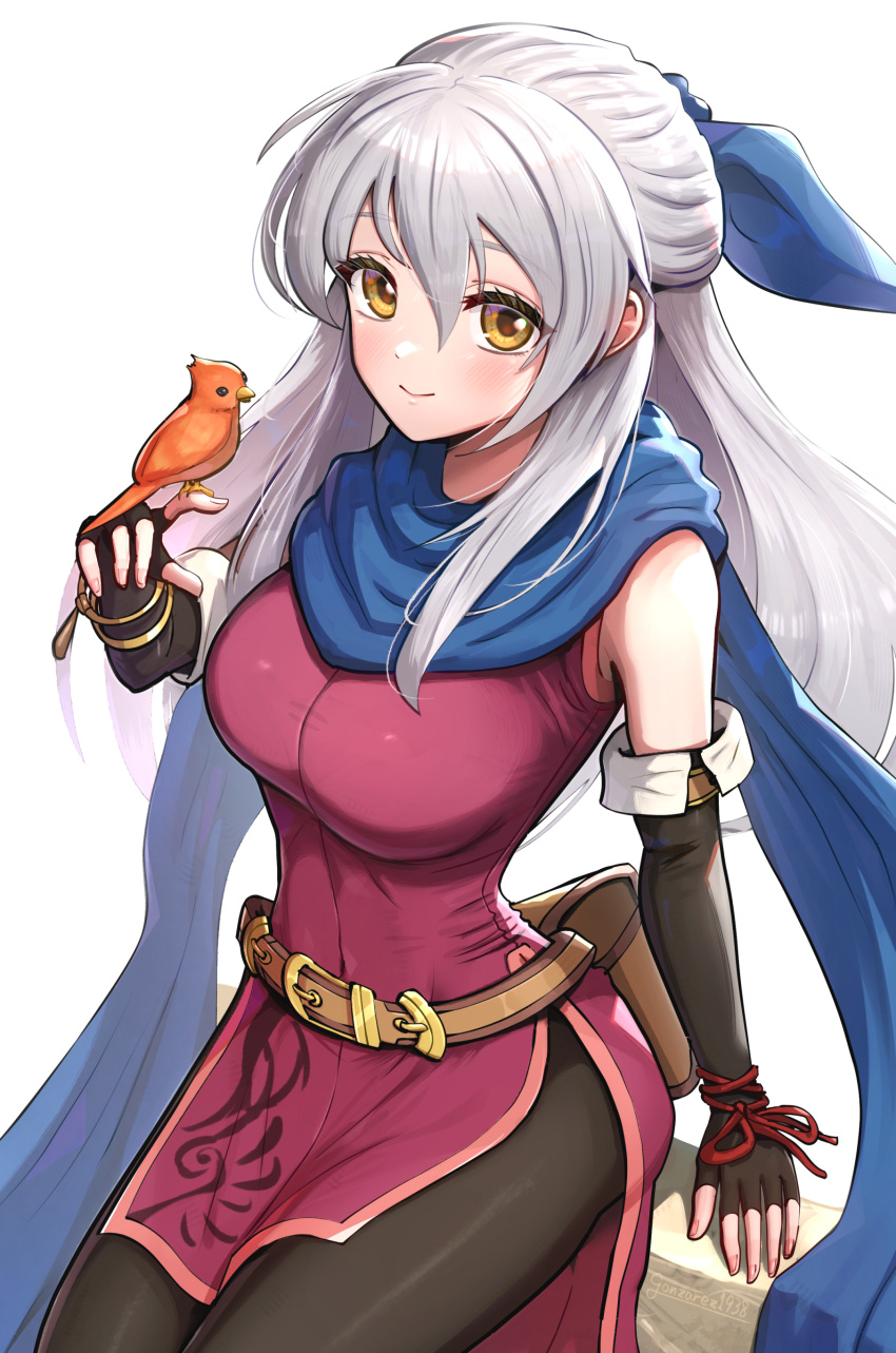 1girl absurdres bangle bare_shoulders belt bird bird_on_hand black_gloves black_pantyhose blush bracelet breasts brown_belt commentary_request dress elbow_gloves fingerless_gloves fire_emblem fire_emblem:_radiant_dawn gloves gonzarez hair_between_eyes highres jewelry large_breasts long_hair looking_at_viewer micaiah_(fire_emblem) pantyhose purple_dress sitting sleeveless sleeveless_dress smile solo thighs very_long_hair white_hair yellow_eyes yune_(fire_emblem)